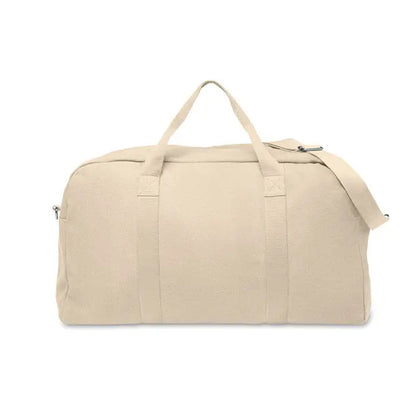 Geanta de voiaj duffle 450 gr/m² bej din pânză cu mânere rezistente și curea de umăr detașabilă