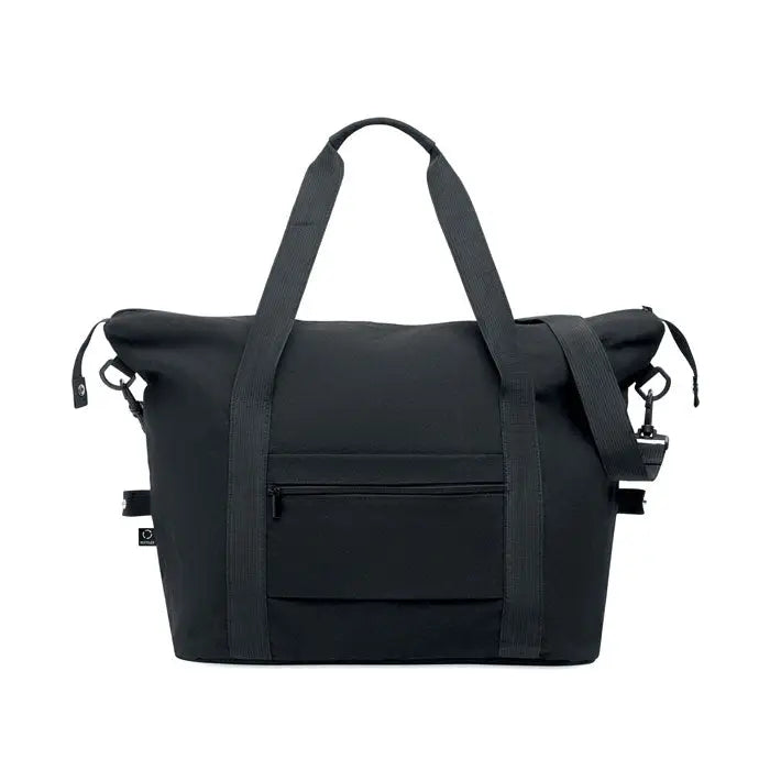 Geanta de weekend neagra din material reciclat cu barete robuste si buzunar frontal cu fermoar