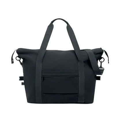 Geanta de weekend neagra din material reciclat cu barete robuste si buzunar frontal cu fermoar