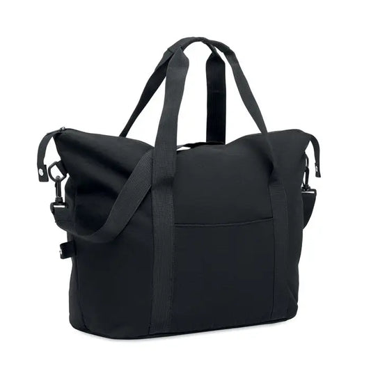 Geanta de weekend neagra din nylon reciclat cu manere rezistente si bretea detasabila pentru umar
