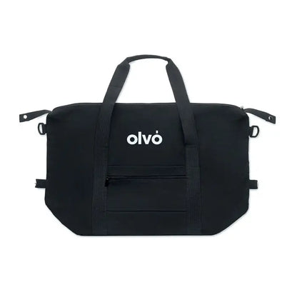 Geanta de weekend neagra olvo din material reciclat cu logo alb si bretele intarite din tesatura rezistenta