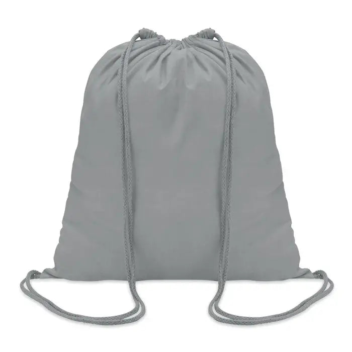 Geanta din bumbac gri cu snur 100 gr/m², design simplu si snururi asortate, ideal pentru utilizare zilnica