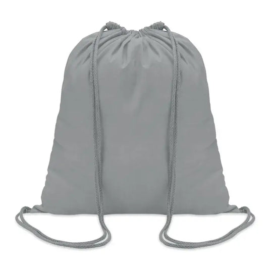 Geanta din bumbac gri cu snur 100 gr/m², design simplu si snururi asortate, ideal pentru utilizare zilnica