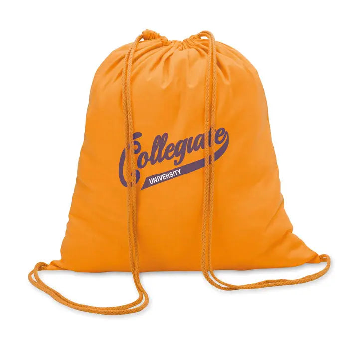Geanta din bumbac orange cu snur 100 gr/m² si imprimeu purple collegiate university in banner diagonal