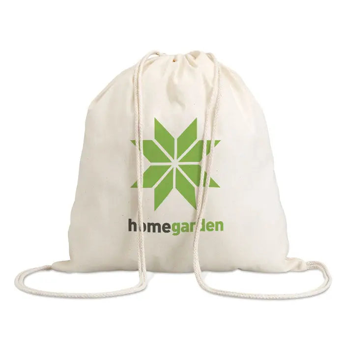 Geanta din bumbac crem cu snur 100 gr/m² cu logo verde stea si text homegarden