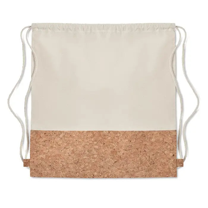 Geanta din bumbac beige cu snur alb si panou inferior din plută naturală, 160 gr/m², ideală pentru transport ușor