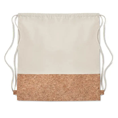 Geanta din bumbac beige cu snur alb si panou inferior din plută naturală, 160 gr/m², ideală pentru transport ușor