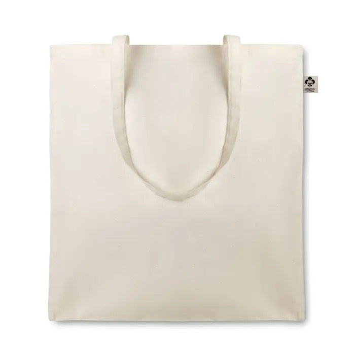 Geanta din bumbac organic 105gr/m² simpla de culoare off-white cu manere rezistente si eticheta mica