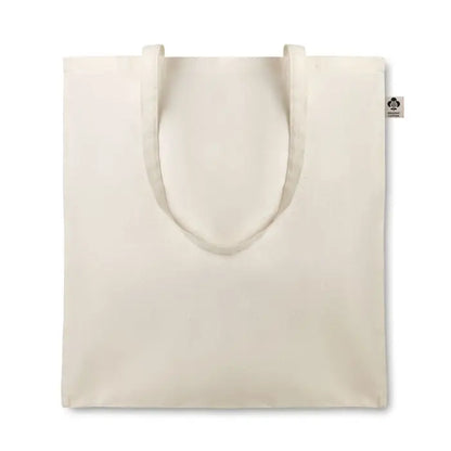 Geanta din bumbac organic 105gr/m² simpla de culoare off-white cu manere rezistente si eticheta mica