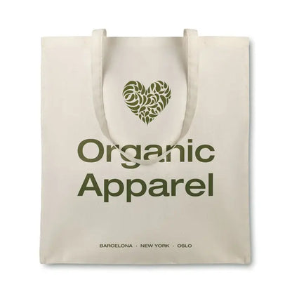 Geanta din bumbac organic crem cu text verde olive si inimioara imprimata pe panza 105gr/m² cu manere din acelasi material