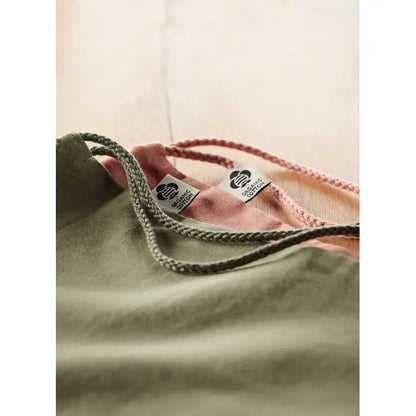 Geanta din bumbac organic olive green cu cordon impletit si captuseala interioara roz
