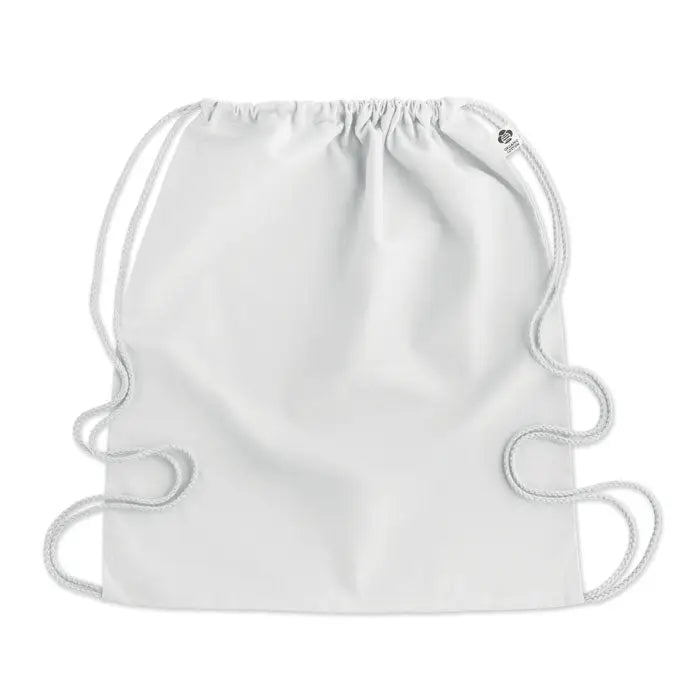 Geanta din bumbac organic alba cu cordon gri si eticheta discreta in coltul drept superior