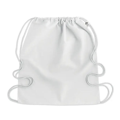 Geanta din bumbac organic alba cu cordon gri si eticheta discreta in coltul drept superior