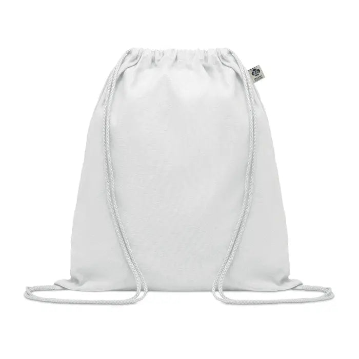 Geanta din bumbac organic alba cu design minimalist si cordon alb de snur pentru purtare usoara