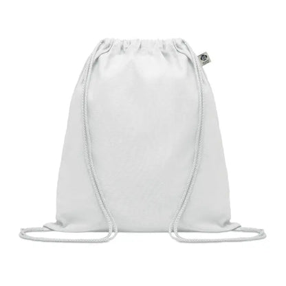 Geanta din bumbac organic alba cu design minimalist si cordon alb de snur pentru purtare usoara