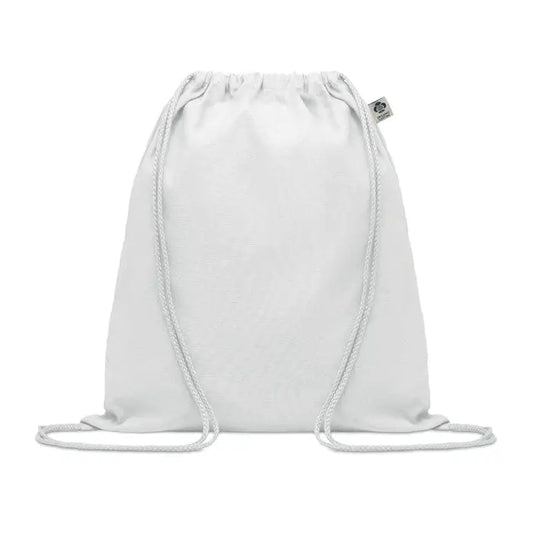 Geanta din bumbac organic alba cu design minimalist si cordon alb de snur pentru purtare usoara