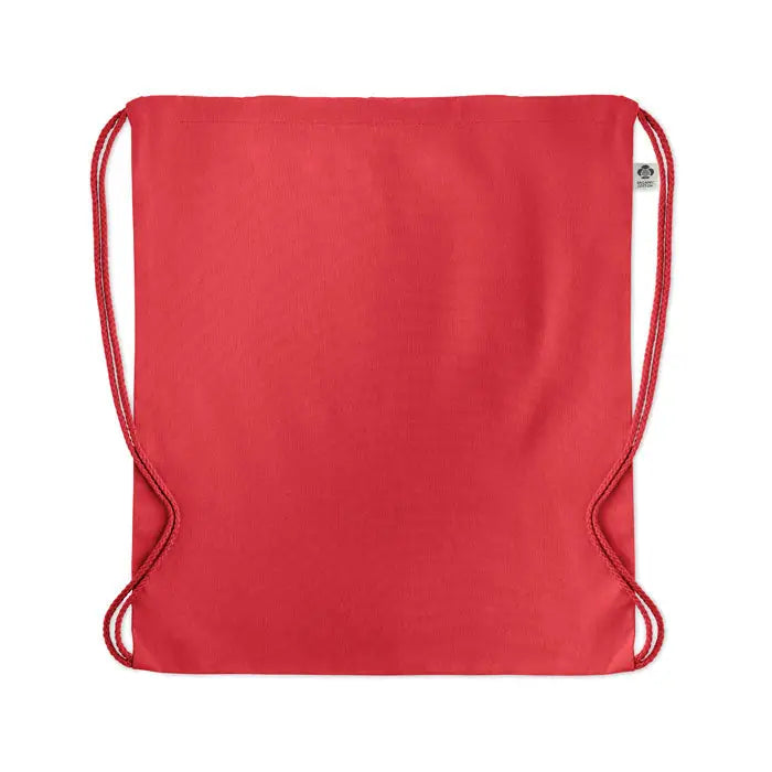 Geanta din bumbac organic rosie cu cordon si bretele din material textil cu eticheta tesuta mica