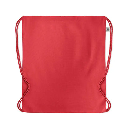 Geanta din bumbac organic rosie cu cordon si bretele din material textil cu eticheta tesuta mica