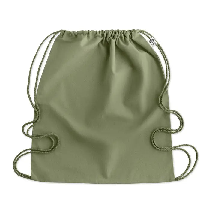 Geanta din bumbac organic olive green cu cordon si snur impletit, eticheta mica tesuta in coltul din dreapta sus