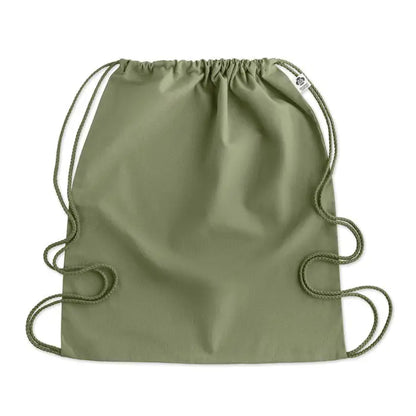 Geanta din bumbac organic olive green cu cordon si snur impletit, eticheta mica tesuta in coltul din dreapta sus