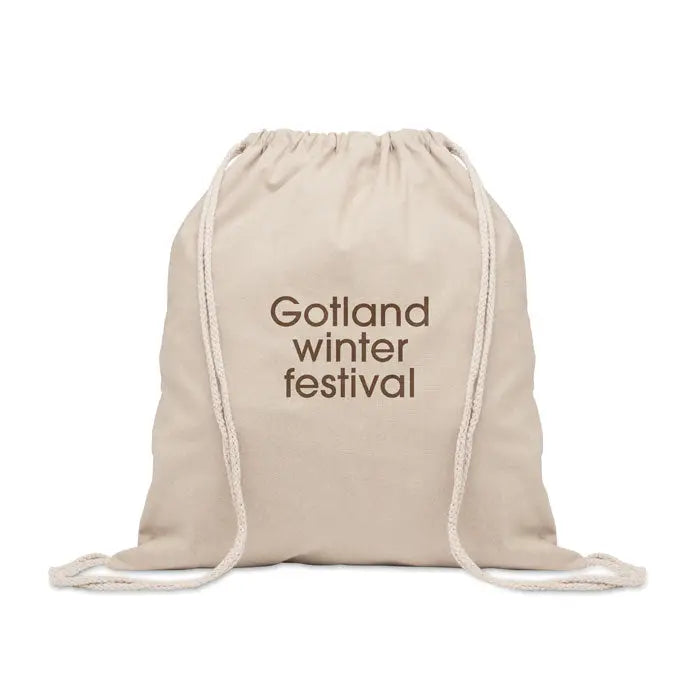 Geanta din bumbac reciclat bej cu snur si text gotland winter festival maro-inchis