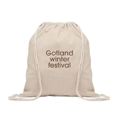 Geanta din bumbac reciclat bej cu snur si text gotland winter festival maro-inchis
