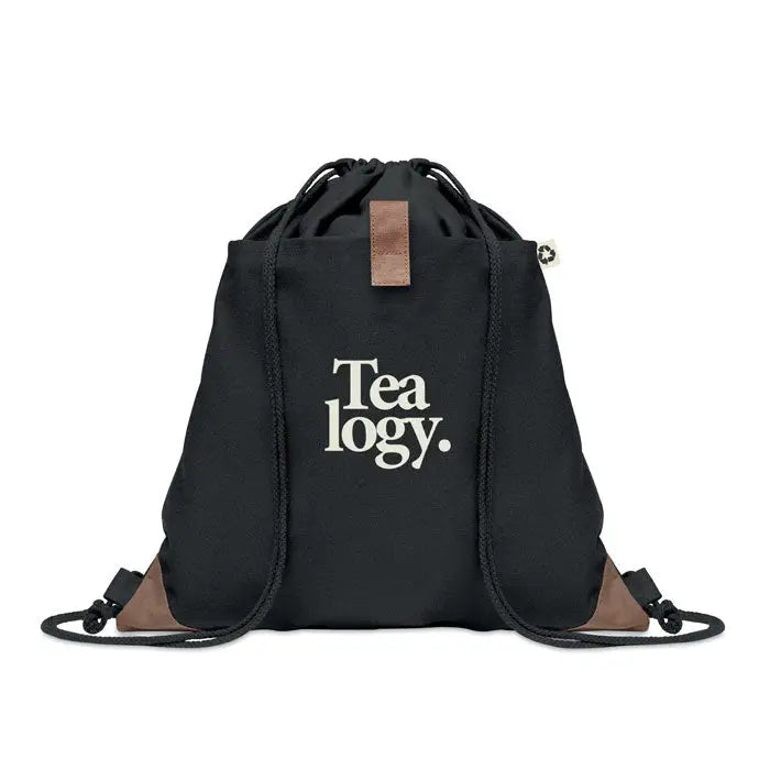 Geanta din bumbac reciclat neagra cu snur si accente maro cu logo alb tea logy