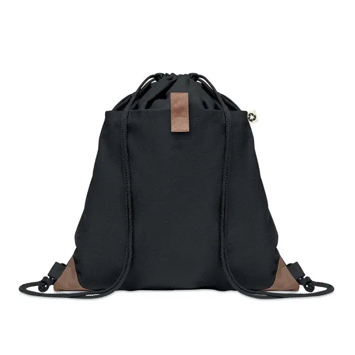 Geanta din bumbac reciclat neagra cu snur si accente din piele maro pentru purtare practica si stilata