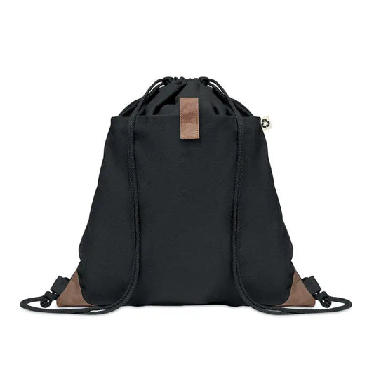 Geanta din bumbac reciclat neagra cu snur si accente din piele maro pentru purtare practica si stilata