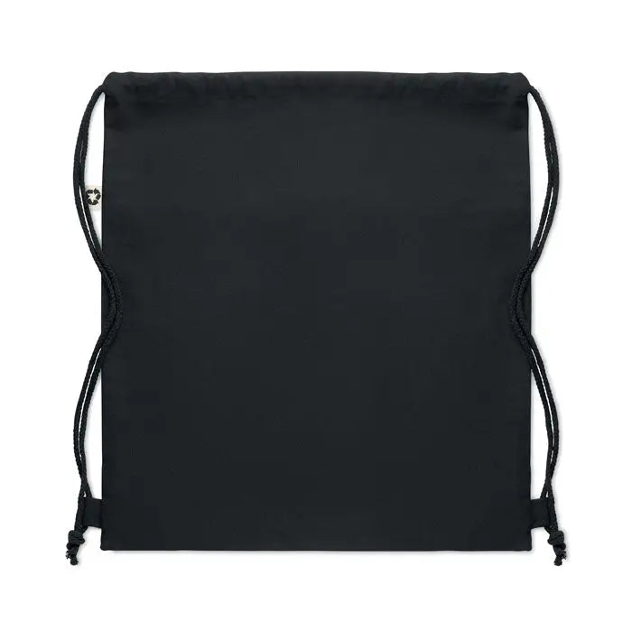 Geanta din bumbac reciclat neagra cu snur si design minimalist cu cordoane negre asortate