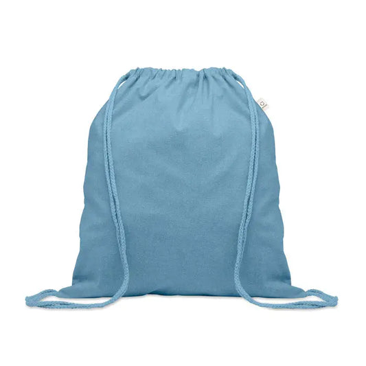 Geanta din bumbac reciclat de 140 gr/m² albastru deschis cu snururi impletite asortate din material moale
