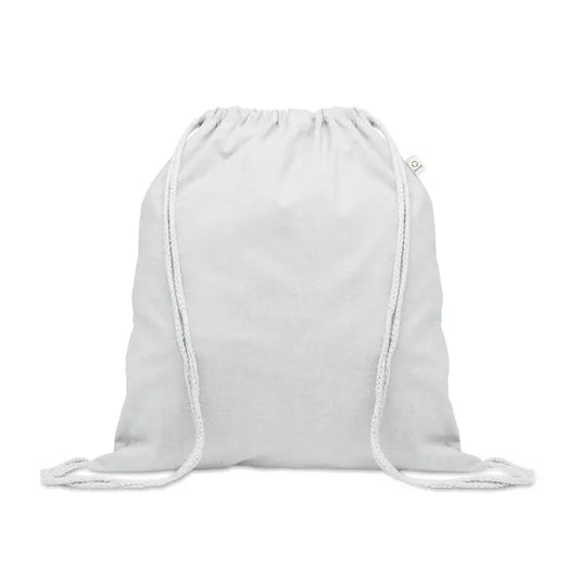 Geanta din bumbac reciclat alba de 140 g/m² cu snururi impletite din bumbac moale minimalista