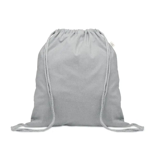 Geanta din bumbac reciclat gri deschis cu snururi impletite si tesatura moale de 140 gr/m²
