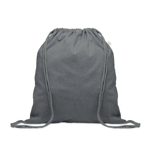 Geantă gri din bumbac reciclat de 140 gr/m² cu șnururi împletite, material moale și design cu snur reglabil