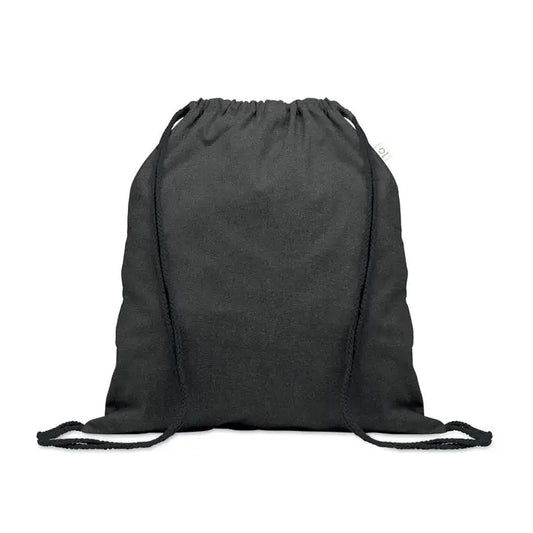 Geantă sac neagră din bumbac reciclat 140 gr/m² cu șnururi împletite negre din partea din spate