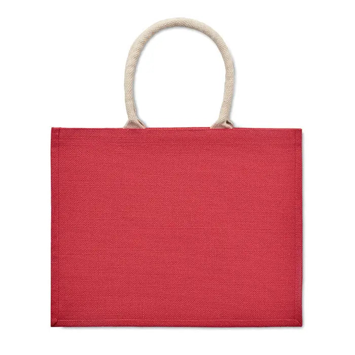 Geanta din iuta rosie cu manere rasucite din bumbac bej, ideal pentru cumparaturi eco-friendly
