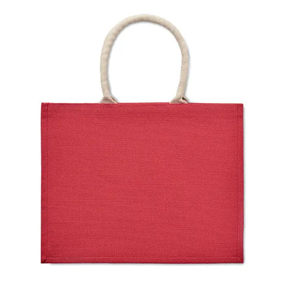 Geanta din iuta rosie cu manere rasucite din bumbac bej, ideal pentru cumparaturi eco-friendly