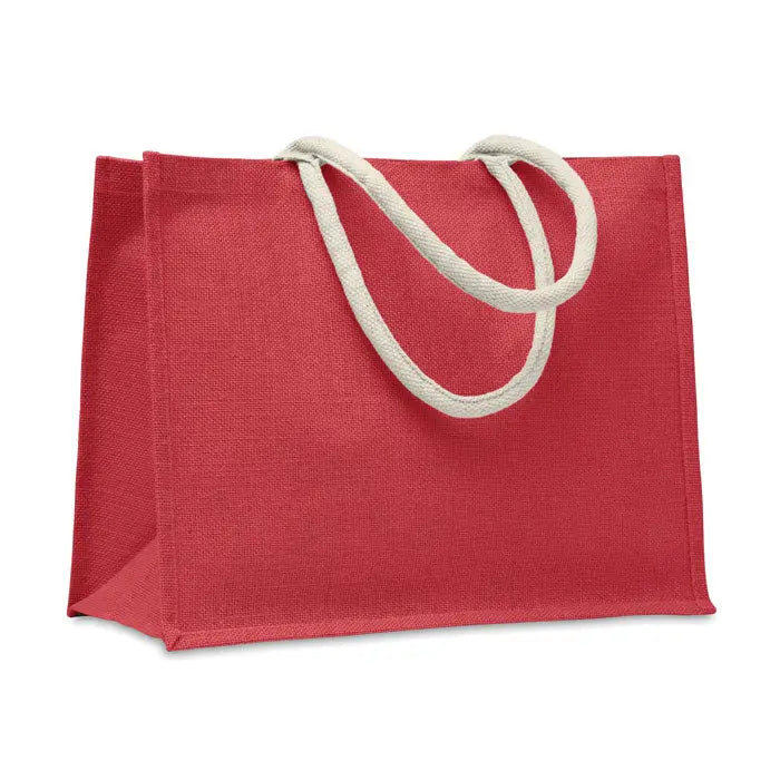 Geanta din iuta rosie cu maner din sfoara crem din bumbac pentru utilizare practica si ecologica