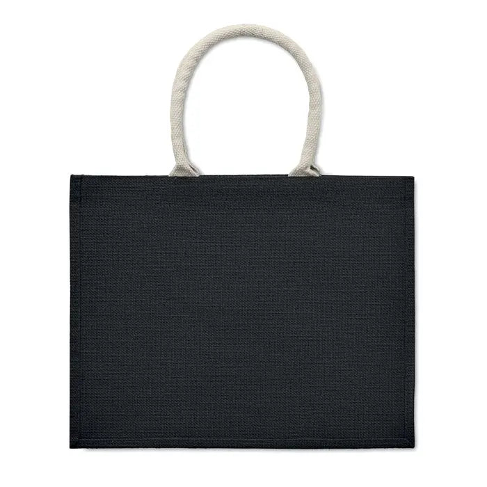 Geanta din iuta neagra cu maner din bumbac gri deschis din sfoara, model tip tote pentru plimbari si cumparaturi
