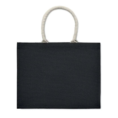 Geanta din iuta neagra cu maner din bumbac gri deschis din sfoara, model tip tote pentru plimbari si cumparaturi
