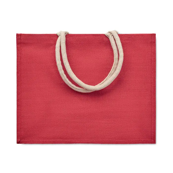 Geanta din iuta rosie cu maner din bumbac crem din sfoara pentru utilizare ca tote bag