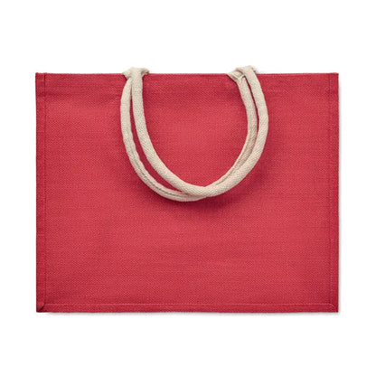 Geanta din iuta rosie cu maner din bumbac crem din sfoara pentru utilizare ca tote bag