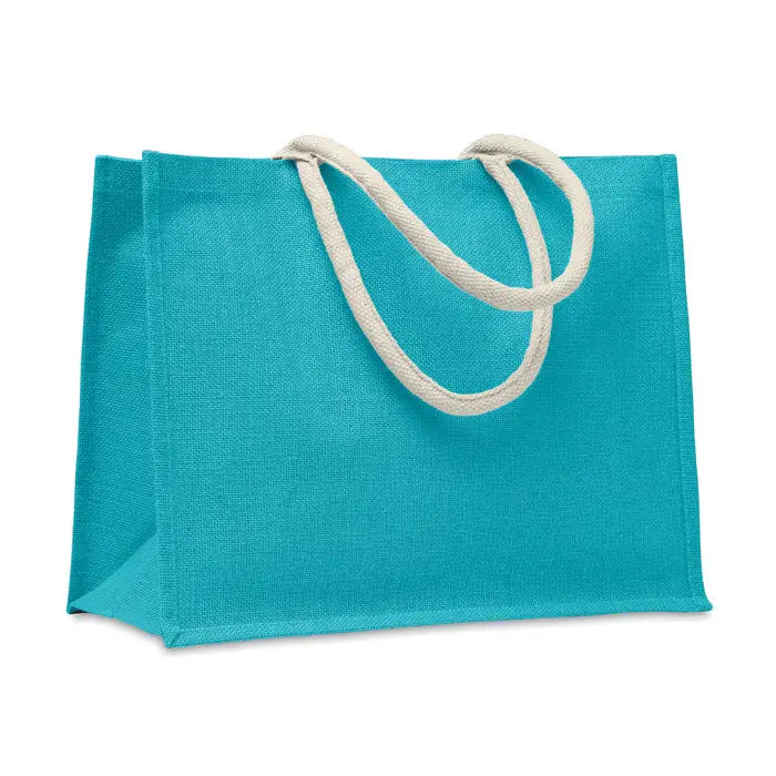 Geantă din iută turcoaz cu mâner din bumbac crem ideală pentru cumpărături eco-friendly