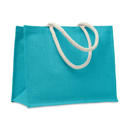 Geantă din iută turcoaz cu mâner din bumbac crem ideală pentru cumpărături eco-friendly