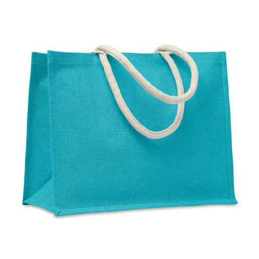 Geantă din iută turcoaz cu mâner din bumbac crem ideală pentru cumpărături eco-friendly