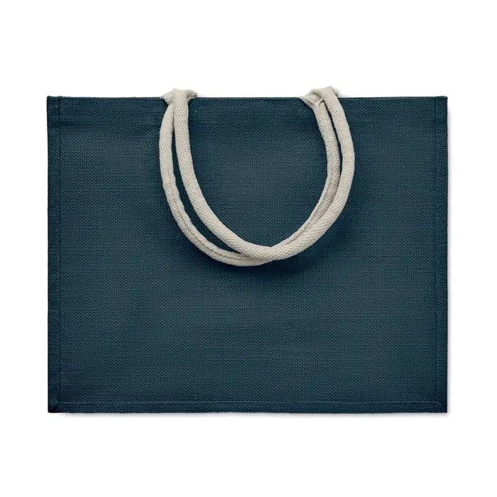 Geanta din iuta cu maner din bumbac in nuanta teal inchis cu manere rasucite crem din snur textil