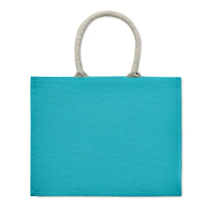 Geanta din iuta turcoaz cu maner din bumbac gri deschis pentru purtare usoara si eco-friendly