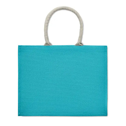 Geanta din iuta turcoaz cu maner din bumbac gri deschis pentru purtare usoara si eco-friendly