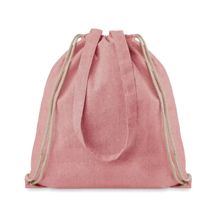 Geanta drawstring roz deschis din material reciclat de 140 gr m² cu snururi naturale din sfoara