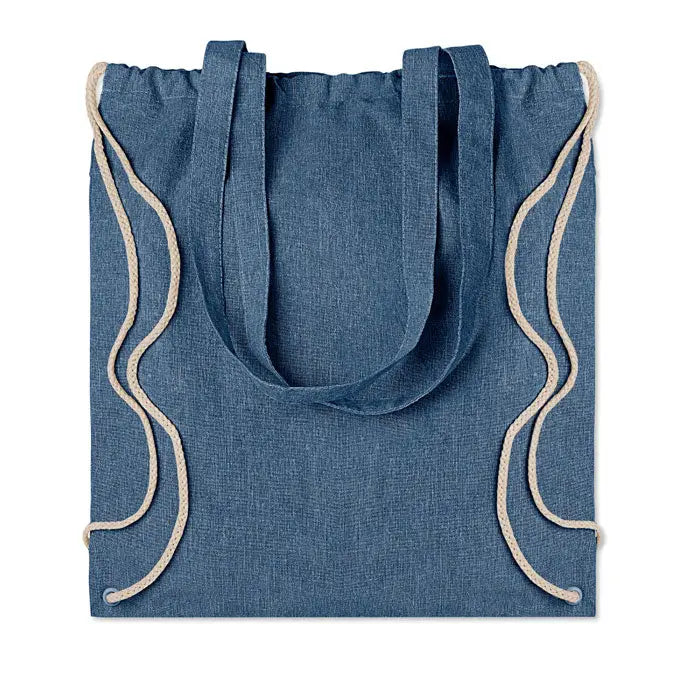 Geanta tote din material reciclat albastru denim cu manere din franghie bej si snur ajustabil
